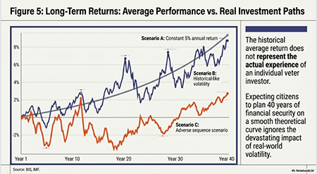 Figure 5: Comparing a constant 5% return scenario with historical volatility and adverse sequences. Source: Financial Market Data and Author’s Analysis.