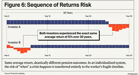 Figure 6: Sequence of Returns Risk: Same Average Return, Different Outcomes. Illustrating how the timing of market returns affects final pension capital for two different Investors. Source: Simulation based on historical market cycles.