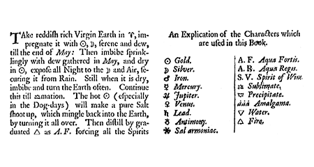 Simboli da un libro sull'alchimia del XVII secolo. I simboli utilizzati hanno una corrispondenza univoca con quelli utilizzati nell'astrologia del tempo