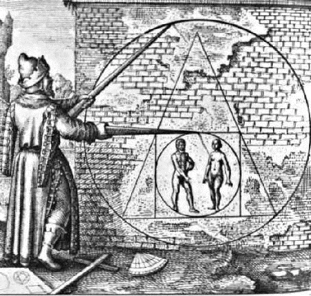 Quadratura alchemica del cerchio, simbolo geometrico della pietra filosofale come appare in Atalanta fugiens di Michael Maier (1618), emblema XXI
