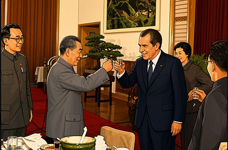 Lo storico brindisi tra Zhou Enlai e Nixon (ricostruzione IA su immagine storica)