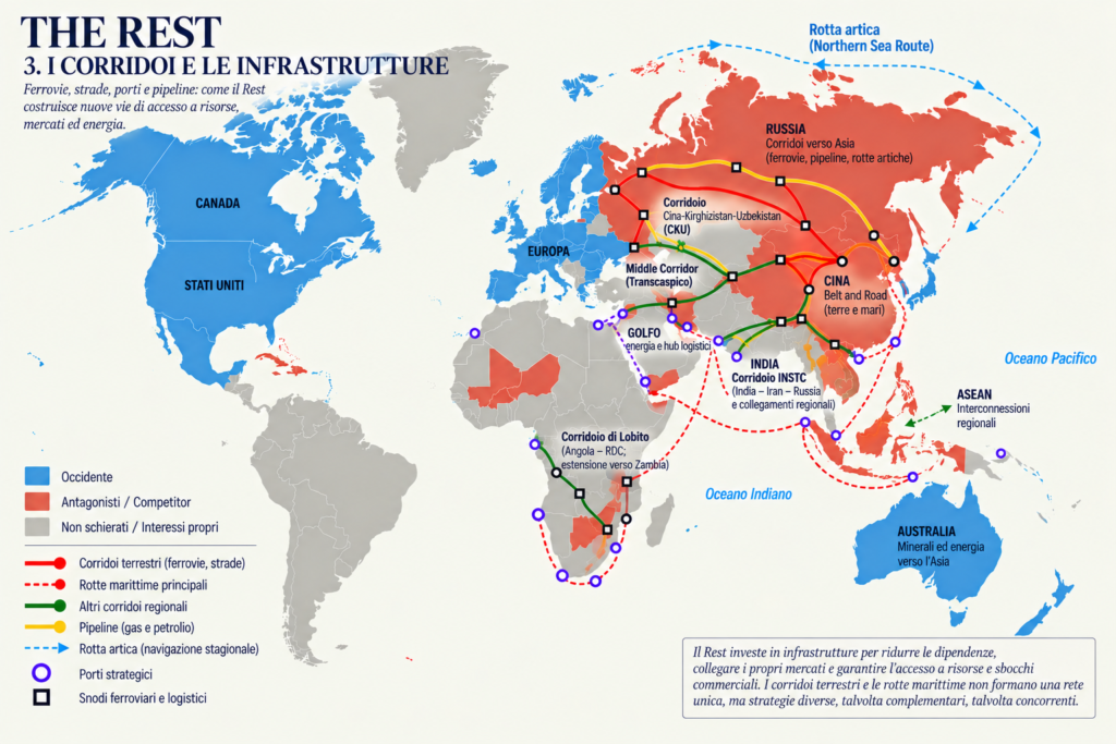 The Rest - I corridoi e le infrastrutture Ferrovie, pipeline, porti e corridoi alternativi affiancano le grandi rotte marittime e riducono la dipendenza da una sola via