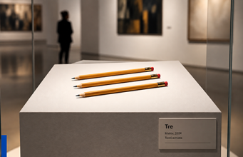 Lo stato dell’arte – Il Valore dell’arte “Tre”. Tre semplici matite entrano nello spazio del museo. La materia è rimasta la stessa; intorno a loro comincia a costruirsi il riconoscimento dell’opera. (Immagine creata con IA – Orchestratore Eko.)